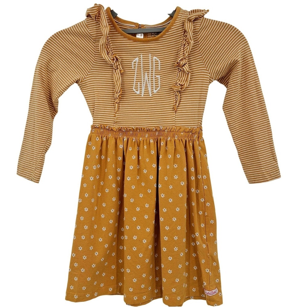 RuffleButts‎ Dress Girls 5 Yellow Floral Stripe Long Sleeve Ruffle Skater Casual